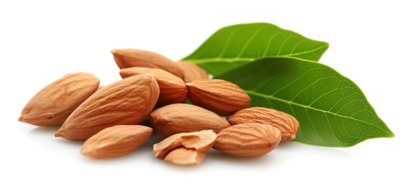 Close up of group almonds seeds with leaves isolated on white background. AI generated image