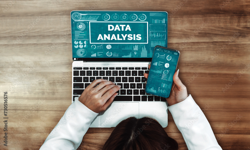 Poster data analysis for business and finance concept. interface showing future computer technology of prof