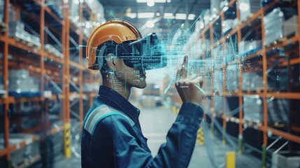 Cutting-edge VR technology revolutionizes warehouse management. - obrazy, fototapety, plakaty