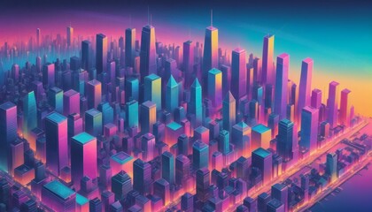 Isometric and color illustration of a big city with skyscrapers and in the style of the eighties