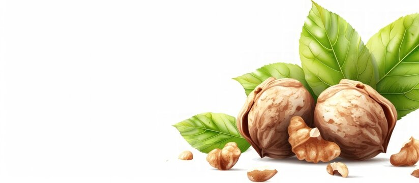 Delicious fresh ripe walnut seeds with green leaves isolated on white background. AI generated image