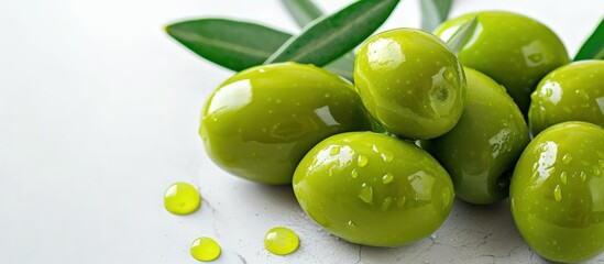 Fresh ripe olives fruit with water drops and green leaves isolated on white background. AI generated - obrazy, fototapety, plakaty