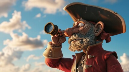 Cartoon digital avatar of Captain Calypso, with a pirate hat and a spyglass, scanning the horizon for treasure. - obrazy, fototapety, plakaty