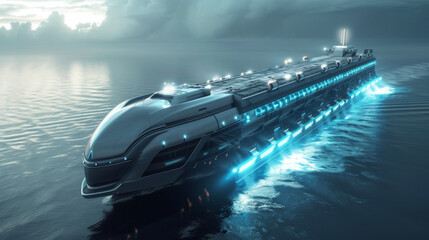 A futuristic cargo ship with a sleek design equipped with advanced technology for efficient and environmentallyfriendly container transportation. - obrazy, fototapety, plakaty
