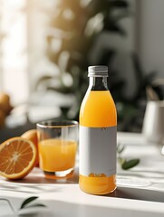mockup a blank label of bottle of orange juice with orange and flowers realistic photo background wallpaper