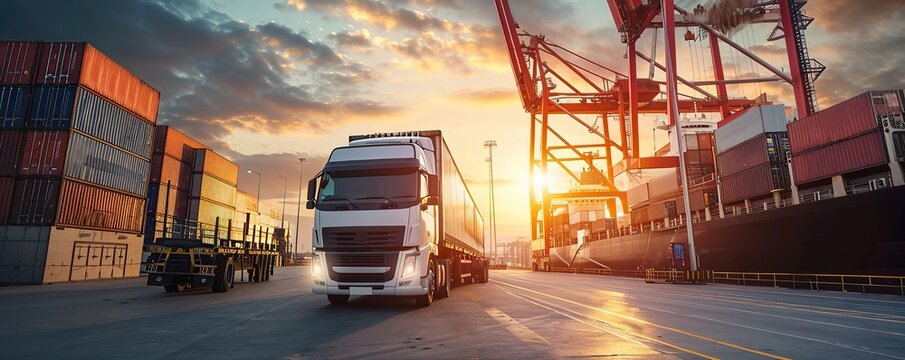Container trucks at the port carrying import and export goods for business logistics in the afternoon.