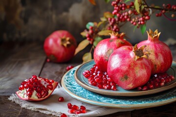 Sliced pomegranate on patterned plate with scattered seeds.