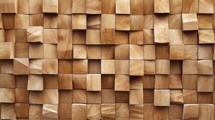 Wood block wall with a natural color and textured cubic pattern.
