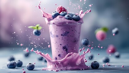 delicious blueberry smoothies frappe with juice splash and swirling wave effect, For drink menu,...