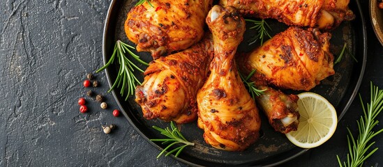 chicken thighs with oranges served with a plate - obrazy, fototapety, plakaty