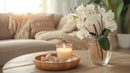 White orchids in a glass vase, lit candle on wooden tray, smooth stones, cozy living room setting, soft lighting, comfortable cushions, tranquil home decor