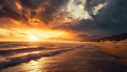 Fototapeta na wymiar dramatic sunset, landscape, cinematic, sandstorm, dramatic, minimalistic scenery on the sea shore