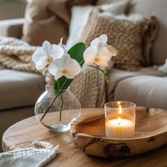 Obraz na płótnie Canvas Cozy Home Atmosphere with Elegant White Orchids and Candlelight