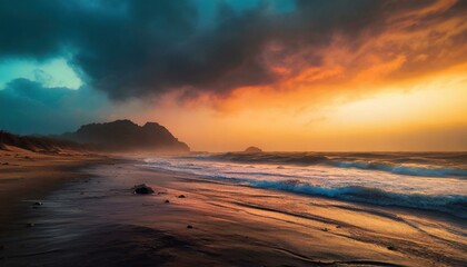 dramatic sunset, landscape, cinematic, sandstorm, dramatic, minimalistic scenery on the sea shore