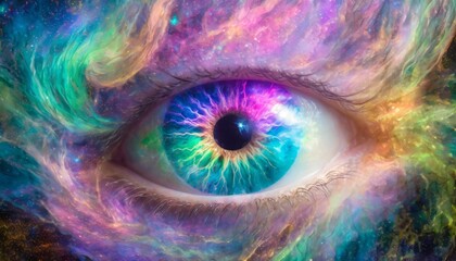 Obraz premium Nebula in the shape of a mythical image and an eye; mixed media, fantasy, blue, pink, purple, green