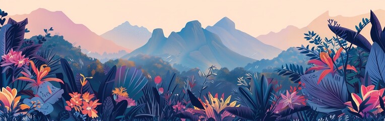 Travel concept banner,  mountains and flowers landscape.