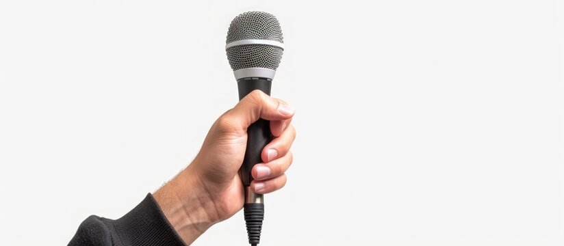 Human hand holding a microphone for singing isolated on white background. AI generated image