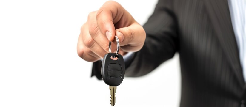 Close up a businessman hand holding a car key on white background. AI generated image