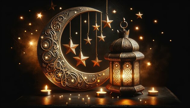 Ramadan celebration decoration with decorated candles, golden crescent moon, lanterns hanging on dark background
