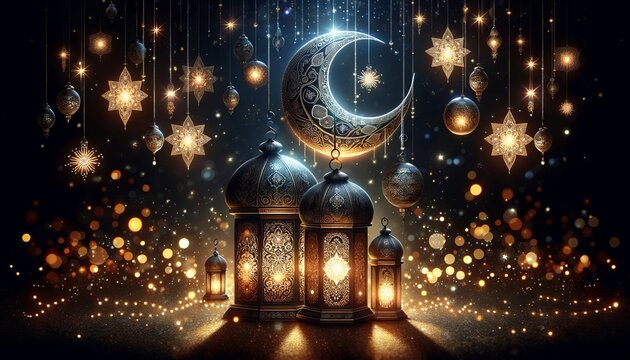 Ramadan celebration decoration with decorated candles, golden crescent moon, lanterns hanging on dark background