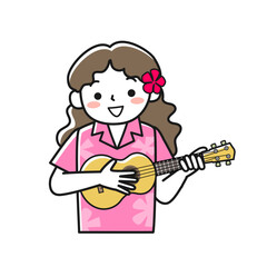 アロハシャツを着てウクレレを演奏する若い女性の上半身