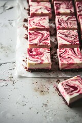 Raspberry cheesecake bars cut into squares. Raspberry cheesecake in juicy details and textures on kitchen background.