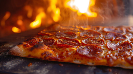 Glistening pepperoni slices sizzle atop a perfectly cooked pizza slice surrounded by the smoky...