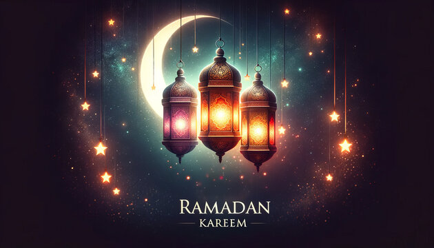 Muharram Islamic New Year celebration theme with golden crescent moon and bright lanterns emitting light