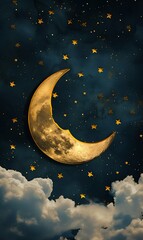 Obraz na płótnie Canvas Enchanting Golden Crescent Moon Amidst the Stars and Clouds. Generative ai