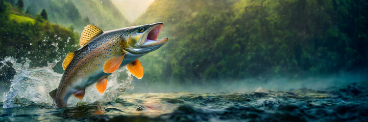 Rainbow trout jumping out of the water with a splash. Fish above water catching bait. Panoramic banner with copy space