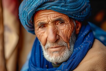 Elderly Man with Blue Turban in Traditional Dress. Generative ai