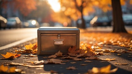 Nestled in the autumn park, a safe-deposit box stands secure, blending with the seasonal beauty