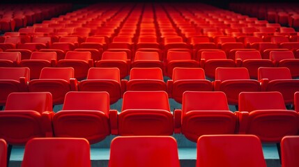 Obraz premium Vibrant Red Stadium Seats in Empty Arena. Generative ai