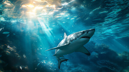 Fototapeta premium shark in the open blue sea