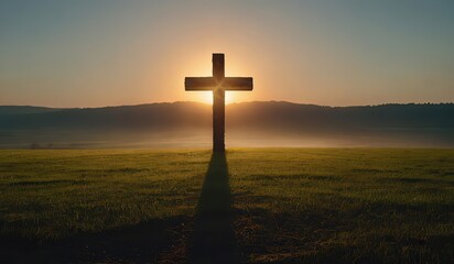 Christian Cross on a field at sunset