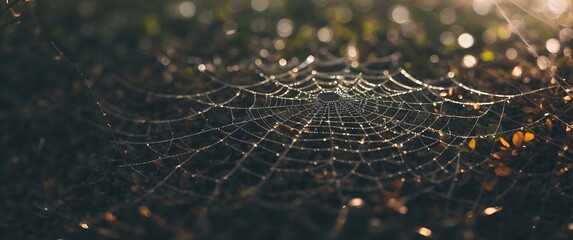 Closeup shot of dew on scattered bokeh spider web.	
 - obrazy, fototapety, plakaty