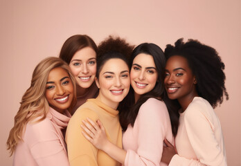 Happy different ethnicity women hugging, smailing show white teeth. Frendship, supporting, Mental health and empathy. Woman's day concept.