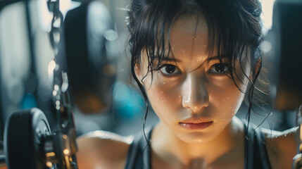 汗をかいて集中するジムでトレーニング中のアジア人女性