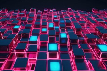 Obraz premium neon ine cubes in blue pink on dark background