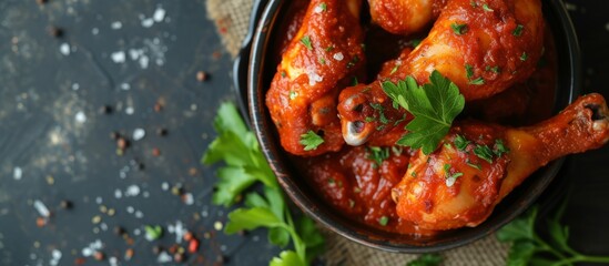 Tomato paste is spread on chicken drumsticks placed in a cup.