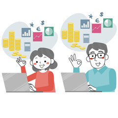 オンラインで投資をするシニア女性とシニア男性の上半身