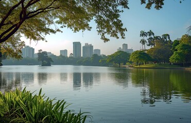 Explore the charm of a city park embracing the shores of a peaceful lake, 