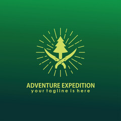 outdoor adventure vintage logo design, mountain and forest logo inspiration