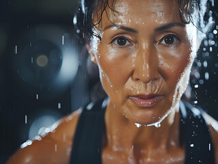 Fototapeta na wymiar 汗をかいて集中するジムでトレーニング中のアジア人中年女性
