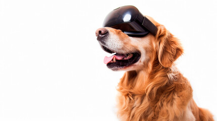 A golden retriever dog using virtual reality glasses on a white background