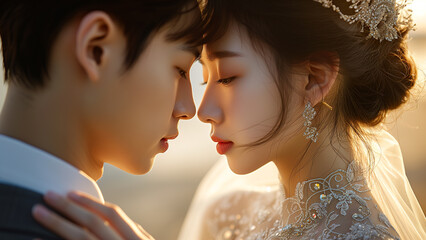 Amidst the soft, golden glow of the setting sun, the Korean bride and groom found a precious, intimate moment that beautifully expressed their love and commitment on their wedding day.