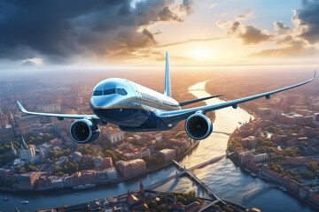 passenger plane Flying over the city, evening light - obrazy, fototapety, plakaty
