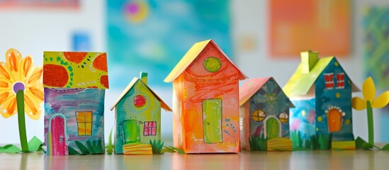 Kindergarten art lesson: Child creates and colors paper house model.
