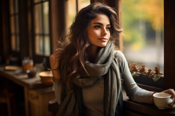 An elegant woman enjoying a peaceful autumn day at a café, dressed in a herringbone vest and turtleneck sweater