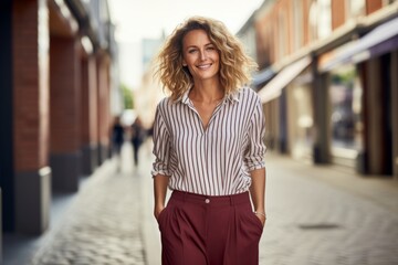 Urban Fashionista: A radiant woman in trendy flared burgundy pants and a striped tee, walking down a busy city street - obrazy, fototapety, plakaty